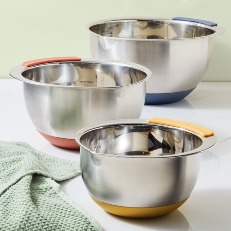 Ayesha Curry Pantryware Stainless Steel Nesting Mixing Bowls Set 3 Piece Silver With Color Accent Handles
